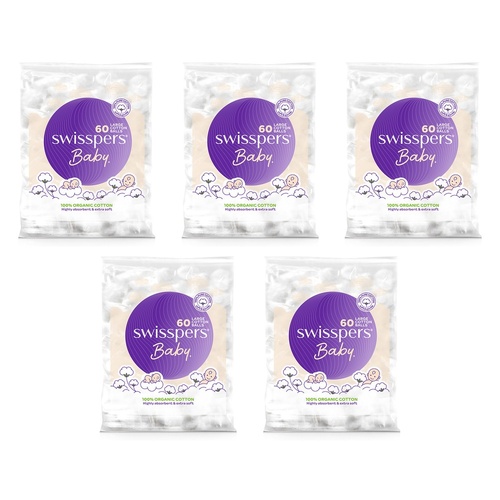 Swisspers Baby Organic Cotton Large Balls 60 Pack x 6 Bundle of 5