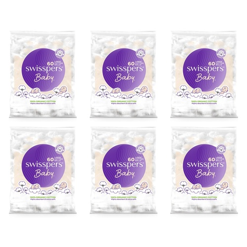 Swisspers Baby Organic Cotton Large Balls 60 Pack x 6 Bundle of 6