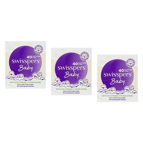 Swisspers Baby Cotton Tips Paper Stems 40 Pack x 12 Bundle of 3