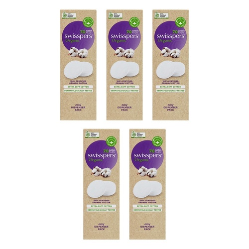 Swisspers Organic Cotton Pads Eco Dispenser 70 Pack x 6 Bundle of 5