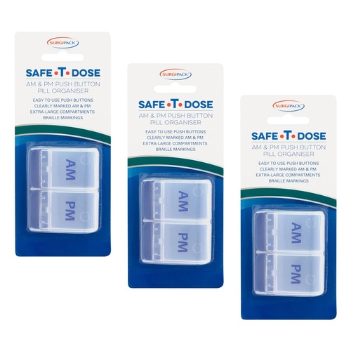 SurgiPack Safe-T-Dose AM/PM 1 Day Push Button Pill Organiser Pack of 3