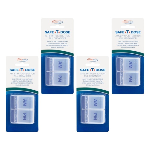 SurgiPack Safe-T-Dose AM/PM 1 Day Push Button Pill Organiser Pack of 4
