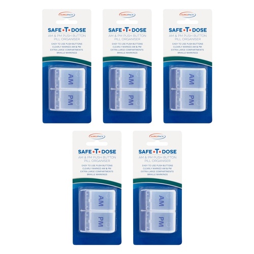 SurgiPack Safe-T-Dose AM/PM 1 Day Push Button Pill Organiser Pack of 5