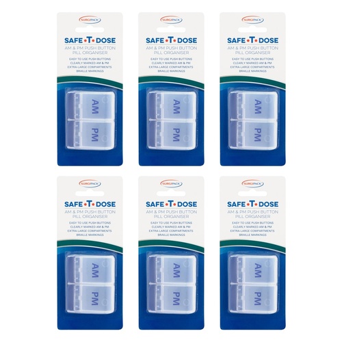 SurgiPack Safe-T-Dose AM/PM 1 Day Push Button Pill Organiser Pack of 6