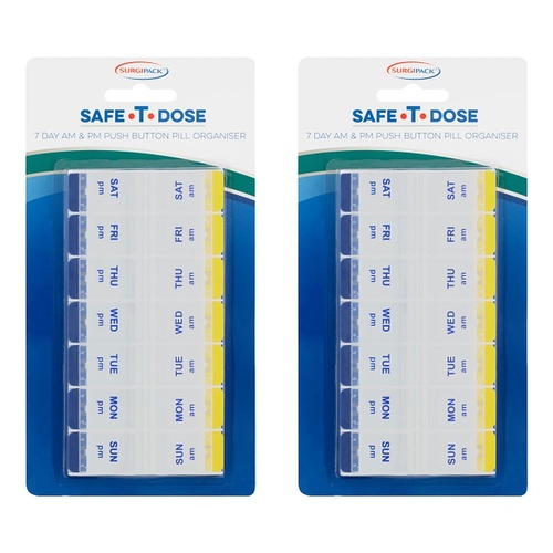 SurgiPack Safe-T-Dose AM/PM 7 Day Push Button Pill Organiser Pack of 2