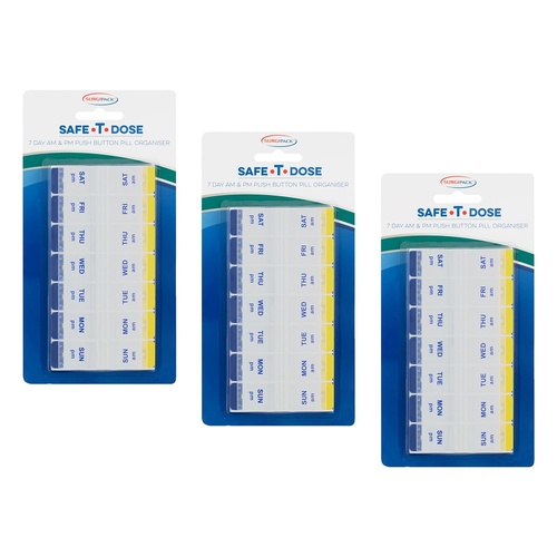 SurgiPack Safe-T-Dose AM/PM 7 Day Push Button Pill Organiser Pack of 3