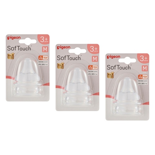 Pigeon SofTouch Baby Bottle Teat M 3m+ Twin Pack Bundle of 3