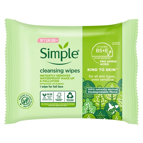 Simple Biodegradable Facial Wipes 25 Wipes x 6