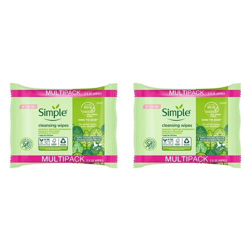 Simple Biodegradable Facial Wipes 2 x 25 Wipes Pack of 2