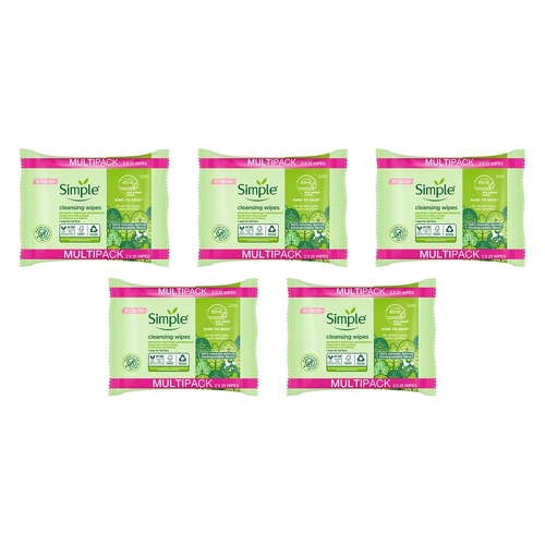 Simple Biodegradable Facial Wipes 2 x 25 Wipes Pack of 5