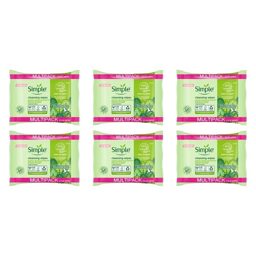 Simple Biodegradable Facial Wipes 2 x 25 Wipes Pack of 6