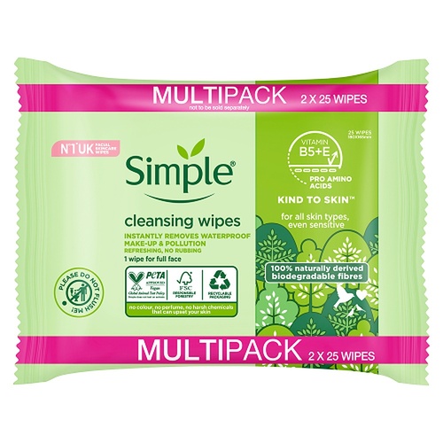 Simple Biodegradable Facial Wipes 2 x 25 Wipes