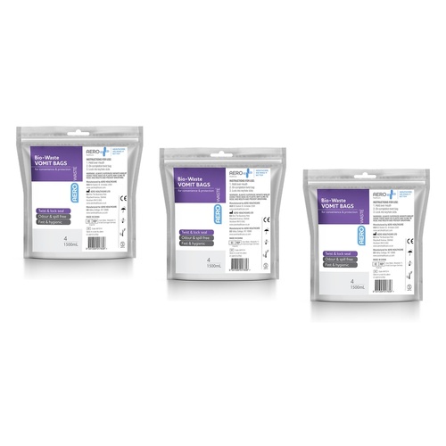 Aero Vomit Bag with Wipe 4 Pack x 6 Bundle of 3
