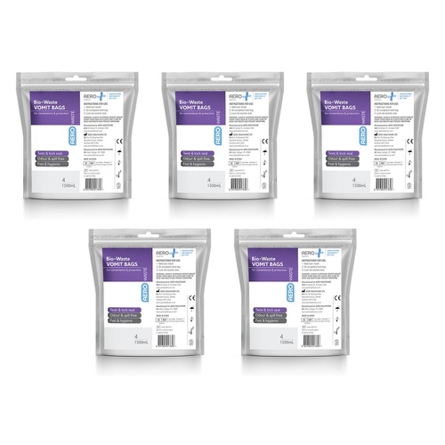 Aero Vomit Bag with Wipe 4 Pack x 6 Bundle of 5