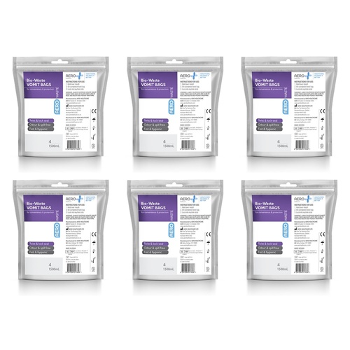 Aero Vomit Bag with Wipe 4 Pack x 6 Bundle of 6