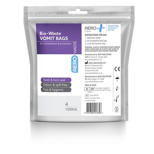 Aero Vomit Bag with Wipe 4 Pack x 6