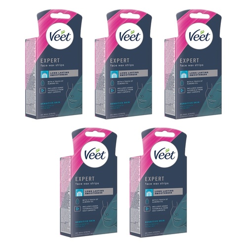 Veet Expert Face Wax Strips for Sensitive Skin 20 Strips Pack of 5