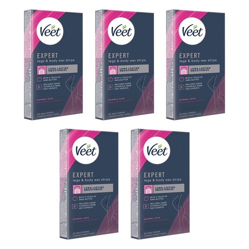 Veet Expert Legs & Body Wax Strips for Normal Skin 20 Strips Pack of 5