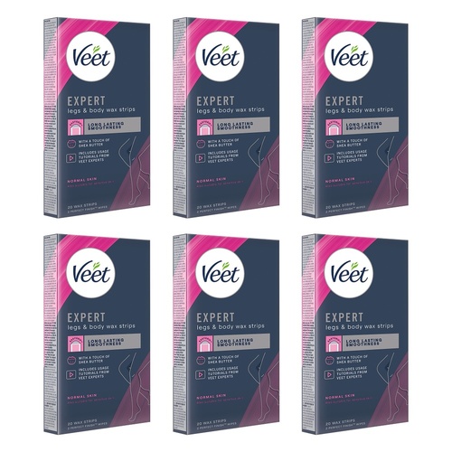 Veet Expert Legs & Body Wax Strips for Normal Skin 20 Strips Pack of 6