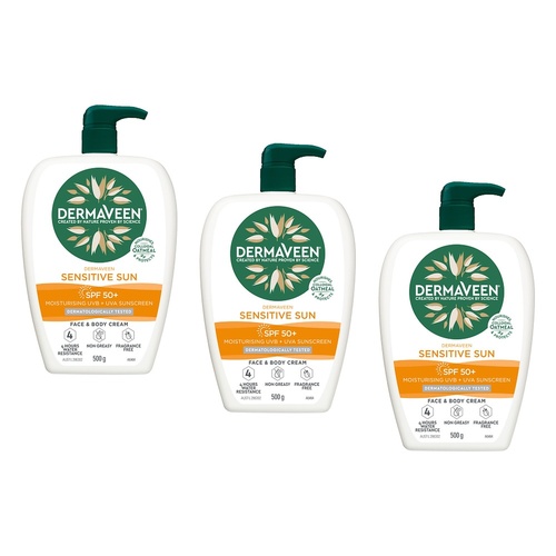 DermaVeen Sensitive Sun SPF 50+ Face & Body Cream, OatActiv+, 500g Pack of 3