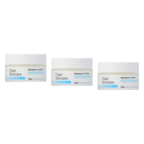 Clear Skincare Moisture+ Cream with Hyaluronic Acid and Prebiotics 50g Pack of 3