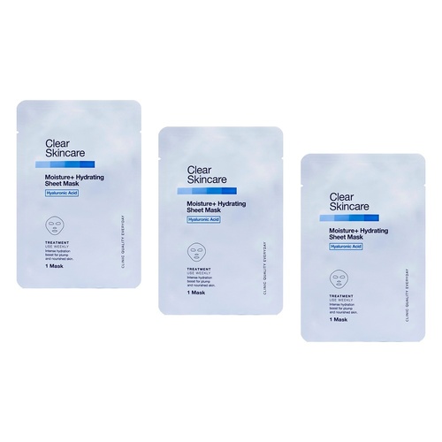 Clear Skincare Moisture+ Hydrating Sheet Mask with Hyaluronic Acid Pack of 3