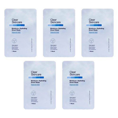 Clear Skincare Moisture+ Hydrating Sheet Mask with Hyaluronic Acid Pack of 5
