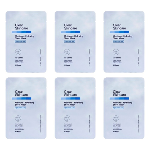 Clear Skincare Moisture+ Hydrating Sheet Mask with Hyaluronic Acid Pack of 6