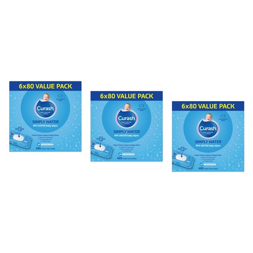 Curash Simply Water Baby Wipes 6 x 80 Pack Bundle of 3