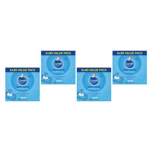 Curash Simply Water Baby Wipes 6 x 80 Pack Bundle of 4