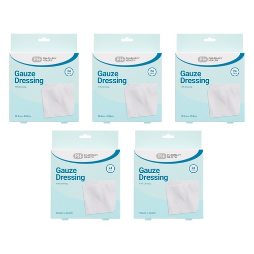 Pharmacy Health Gauze Dressing 10.2cm x 10.2cm 24 Pack Bundle of 5