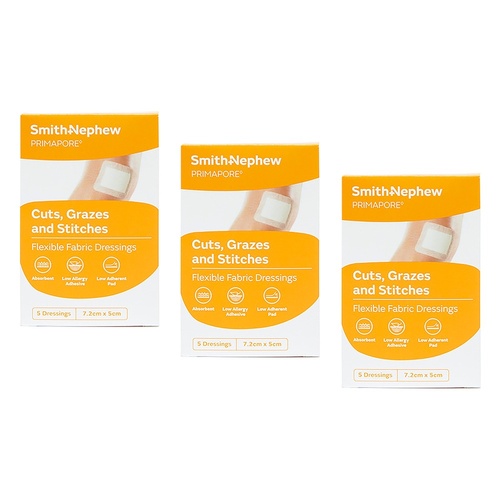 Primapore Flexible Fabric Dressing 7.2cm x 5cm 5 Dressings Pack of 3
