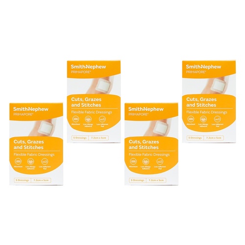 Primapore Flexible Fabric Dressing 7.2cm x 5cm 5 Dressings Pack of 4