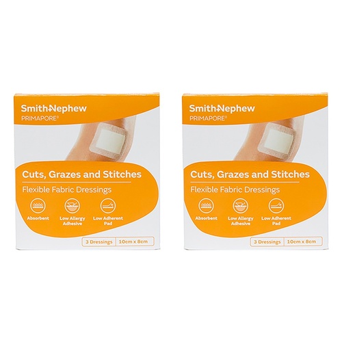 Primapore Flexible Fabric Dressing 10cm x 8cm 3 Dressings Pack of 2