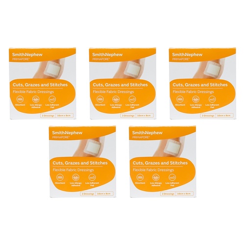 Primapore Flexible Fabric Dressing 10cm x 8cm 3 Dressings Pack of 5