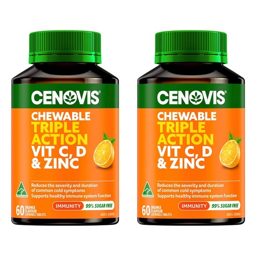 Cenovis Chewable Triple Action Vit C, D & Zinc Orange 60 Tablets Pack of 2