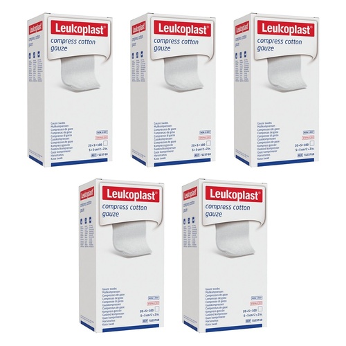 Leuko Compress Cotton Gauze Swabs Sterile 5cm x 5cm White 5 x 20 Bundle of 5