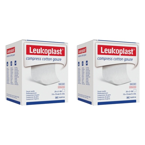 Leuko Compress Cotton Gauze Swabs Sterile 7.5cm x 7.5cm 2 x 25 Pack Bundle of 2