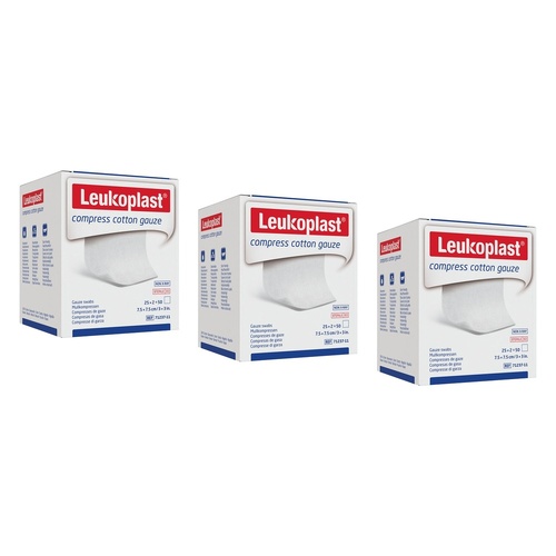 Leuko Compress Cotton Gauze Swabs Sterile 7.5cm x 7.5cm 2 x 25 Pack Bundle of 3