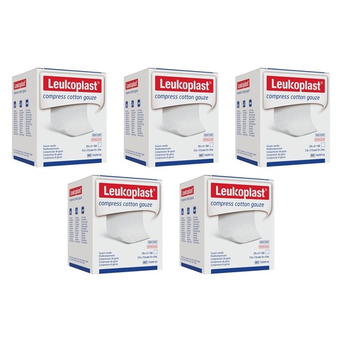 Leuko Compress Cotton Gauze Swabs Sterile 7.5cm x 7.5cm 2 x 25 Pack Bundle of 5