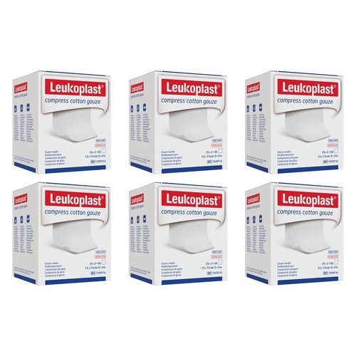 Leuko Compress Cotton Gauze Swabs Sterile 7.5cm x 7.5cm 2 x 25 Pack Bundle of 6