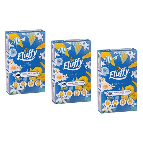 Fluffy Tumble Dryer Sheets Field Flowers 40 Pack Bundle of 3