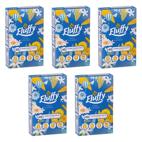 Fluffy Tumble Dryer Sheets Field Flowers 40 Pack Bundle of 5