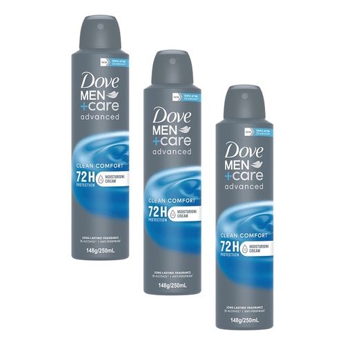 Dove Men+Care Advanced Clean Comfort 72H Anti-Perspirant 250mL Pack of 3