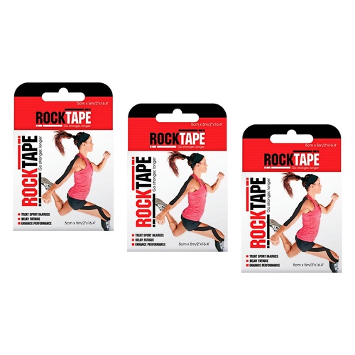RockTape Premium Kinesiology Tape Black 5cm x 5m Pack of 3