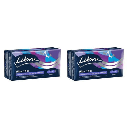 Libra Ultra Thin Goodnights Pads Long & Wide with Wings 6 Pack Bundle of 2