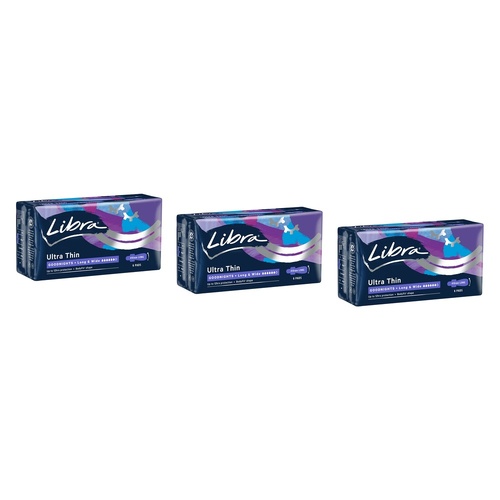 Libra Ultra Thin Goodnights Pads Long & Wide with Wings 6 Pack Bundle of 3
