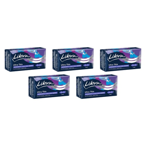 Libra Ultra Thin Goodnights Pads Long & Wide with Wings 6 Pack Bundle of 5