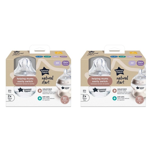 Tommee Tippee Natural Start Anti-Colic Baby Bottle 0m+ 150mL 2 Pack Bundle of 2