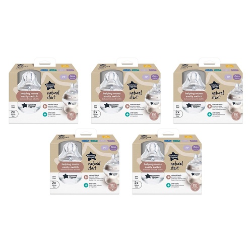 Tommee Tippee Natural Start Anti-Colic Baby Bottle 0m+ 150mL 2 Pack Bundle of 5